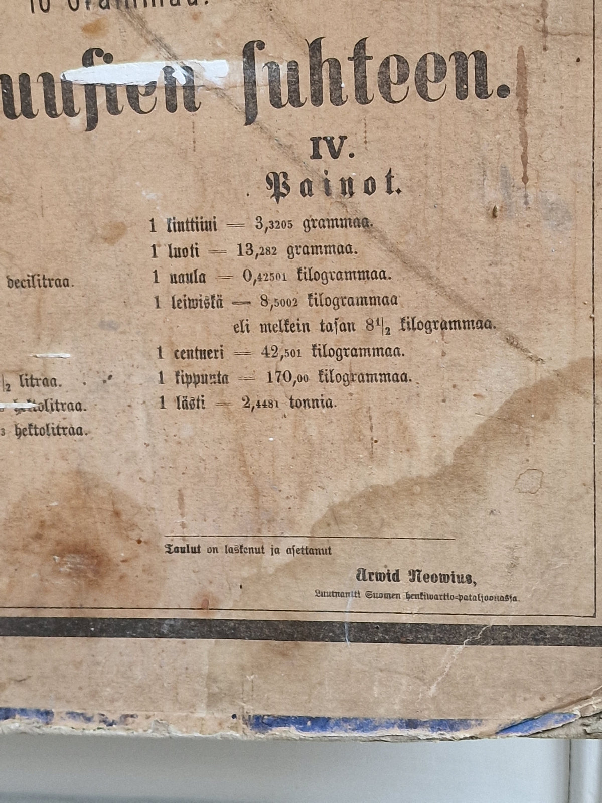 Metriset mitat opetustaulu