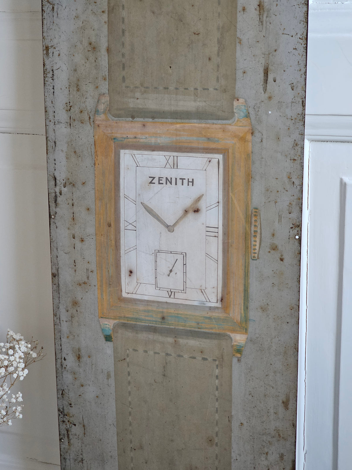 Vanha kellokyltti, vintage Zenith ja Omega-kellot